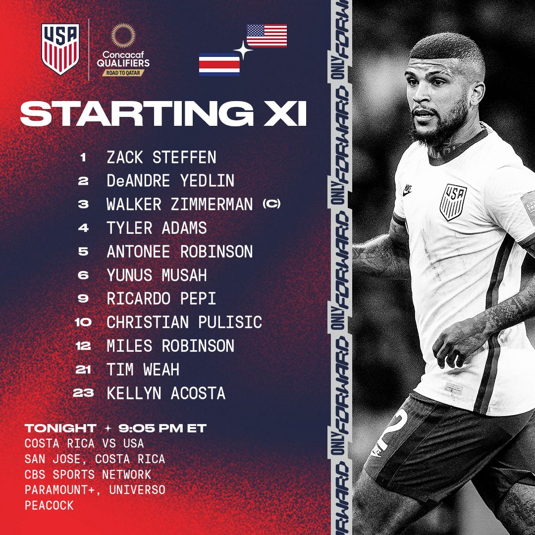 2022 Concacaf World Cup Qualifying: USA Vs. Costa Rica - Starting XI, Lineup Notes, TV Channels & Start Time