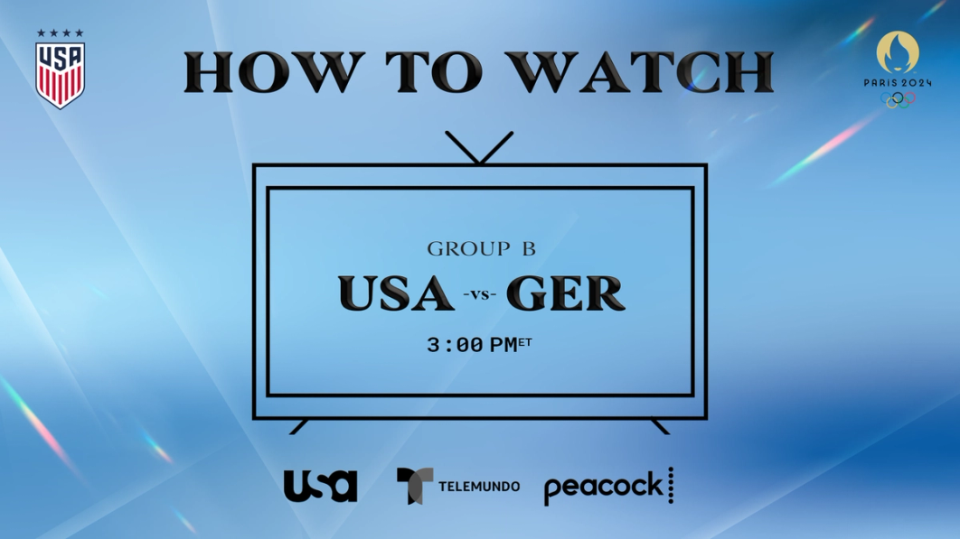 Graphic with text HOW TO WATCH Group B USA vs GER 3 pm ET USA Network Telemundo Peacock