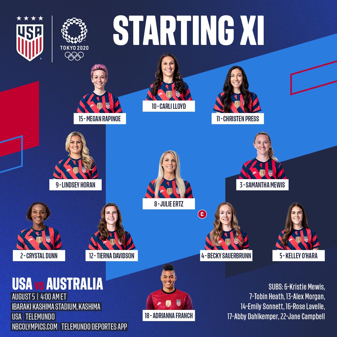 2020 Tokyo Olympics Bronze Medal Match uswnt vs Australia Starting XI Lineup TV Channels Start Time