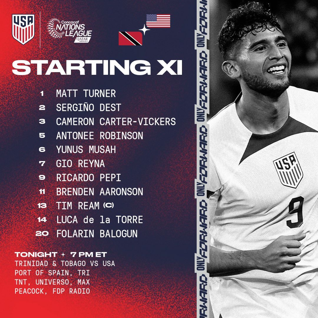 usmnt vs trinidad and tobago usa lineup today starting 11 concacaf nations league 11 20 23